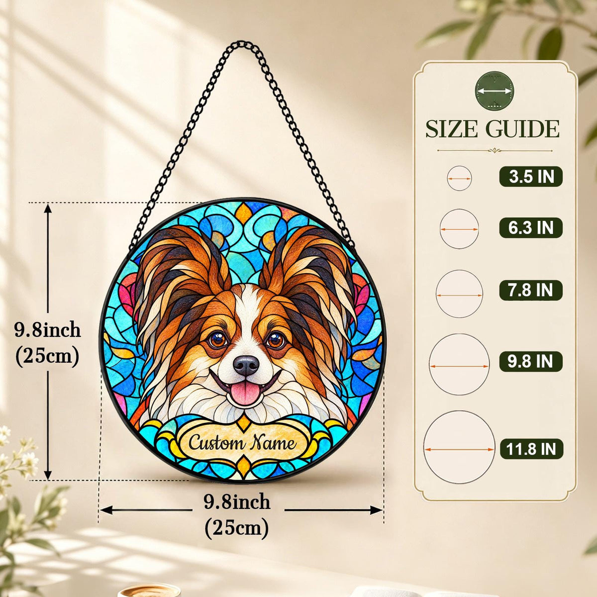 Personalized Papillon Dog Suncatcher, Custom Name, Floral Stained Glass Window Hanging