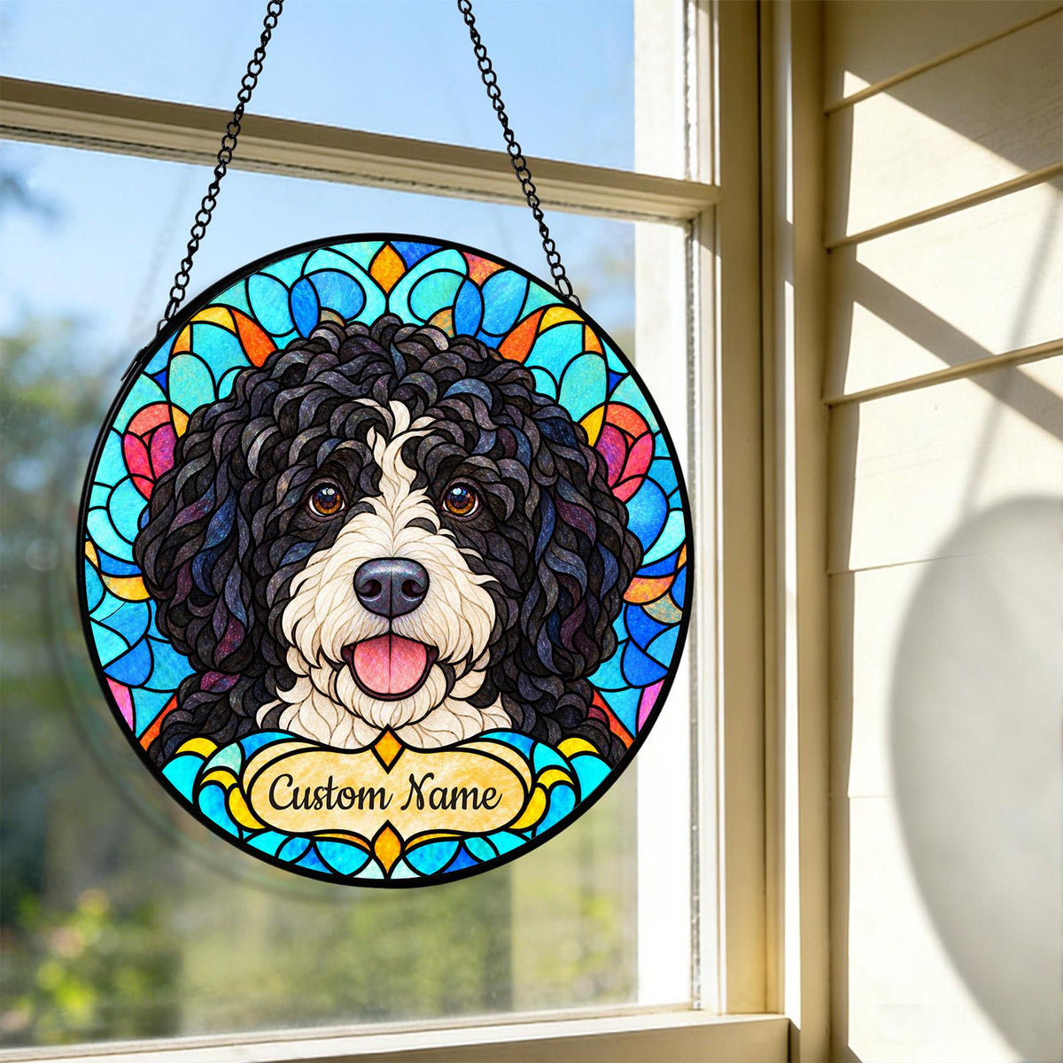 Personalized Portuguese Water Dog Suncatcher, Custom Name, Floral Stained Glass Window Hanging