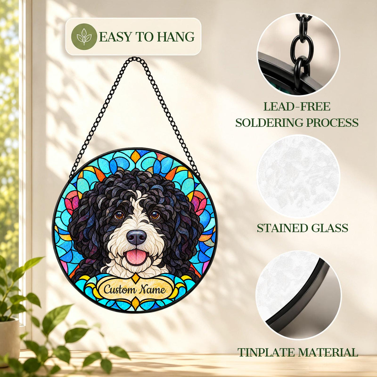 Personalized Portuguese Water Dog Suncatcher, Custom Name, Floral Stained Glass Window Hanging