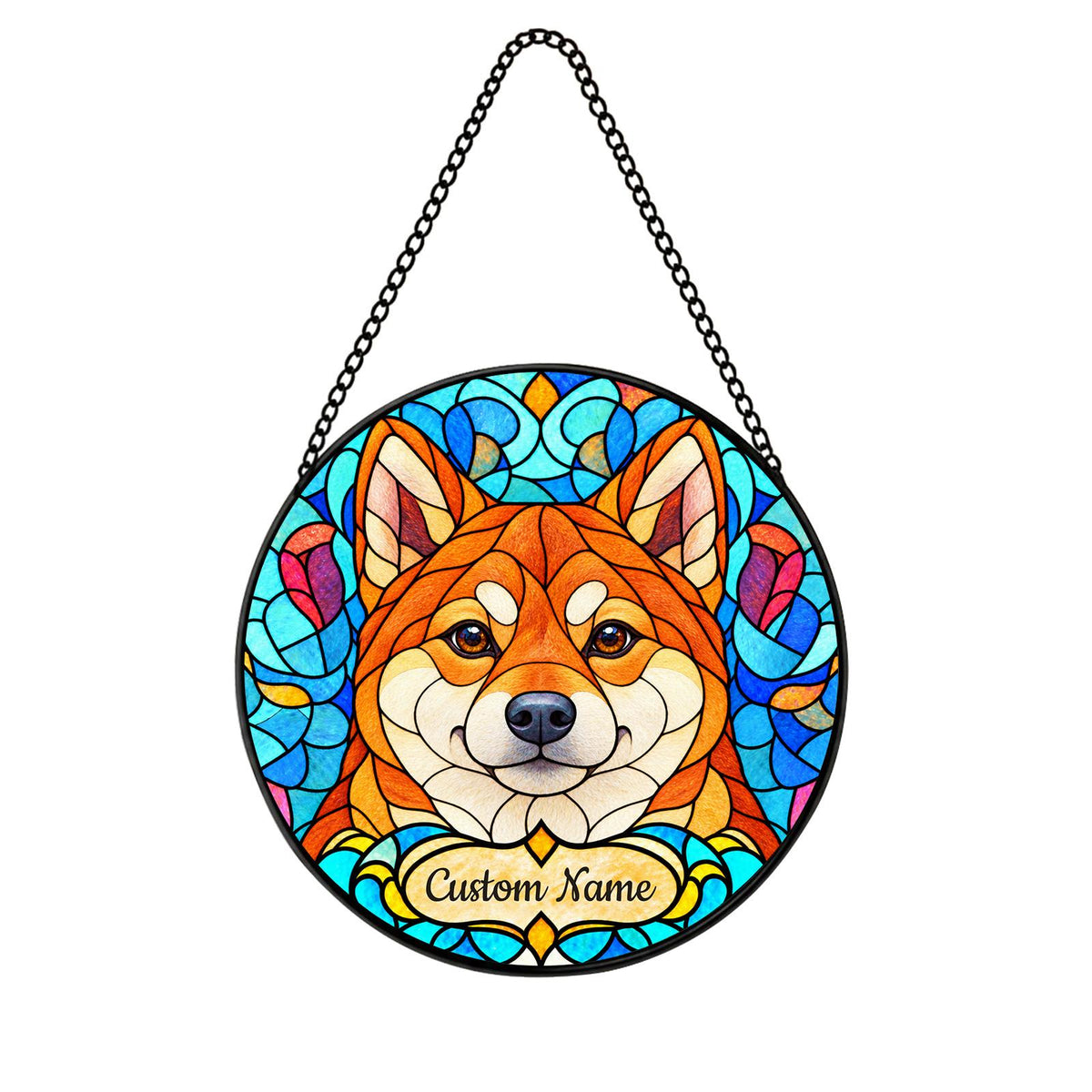 Personalized Shiba Inu Suncatcher, Custom Name, Floral Stained Glass Window Hanging