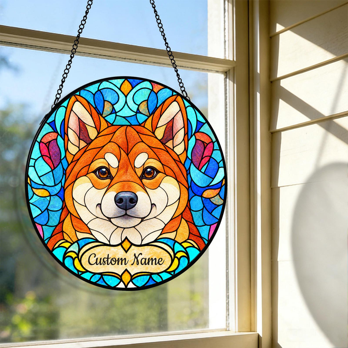 Personalized Shiba Inu Suncatcher, Custom Name, Floral Stained Glass Window Hanging