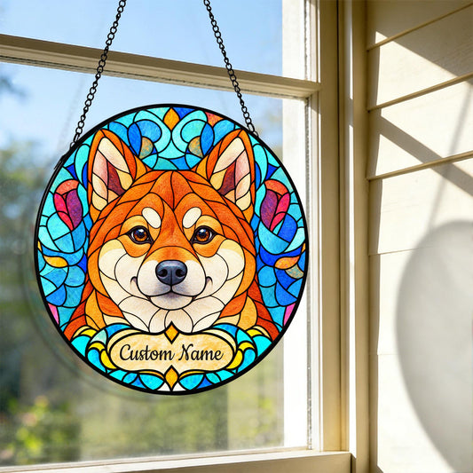 Personalized Shiba Inu Suncatcher, Custom Name, Floral Stained Glass Window Hanging