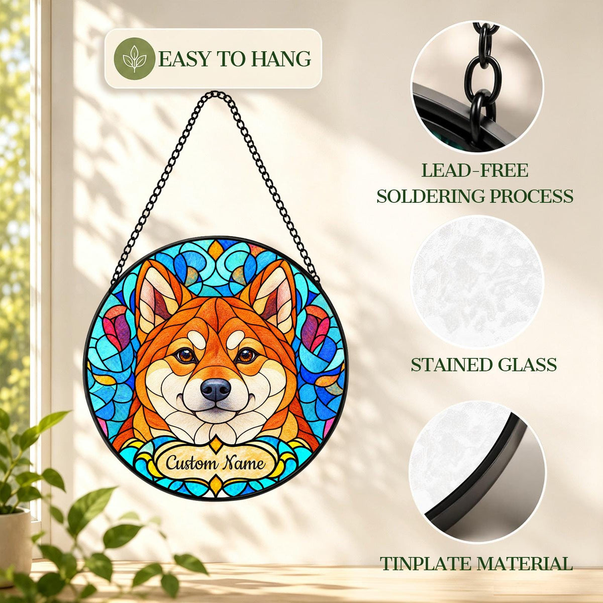 Personalized Shiba Inu Suncatcher, Custom Name, Floral Stained Glass Window Hanging