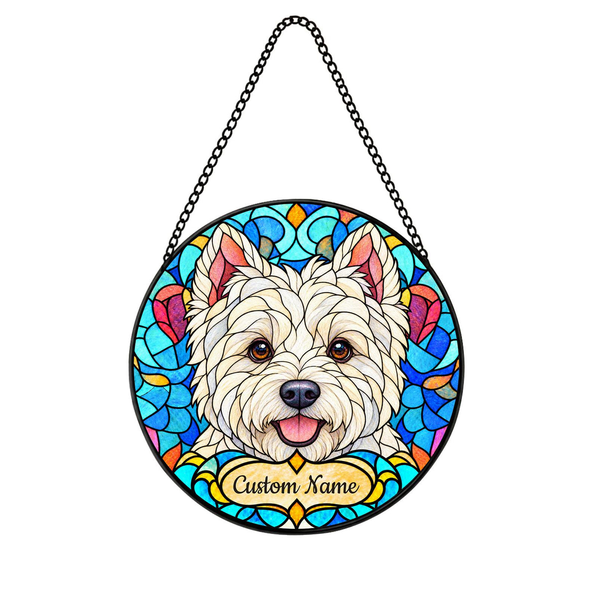 Personalized West Highland White Terrier Suncatcher, Custom Name, Floral Stained Glass Window Hanging