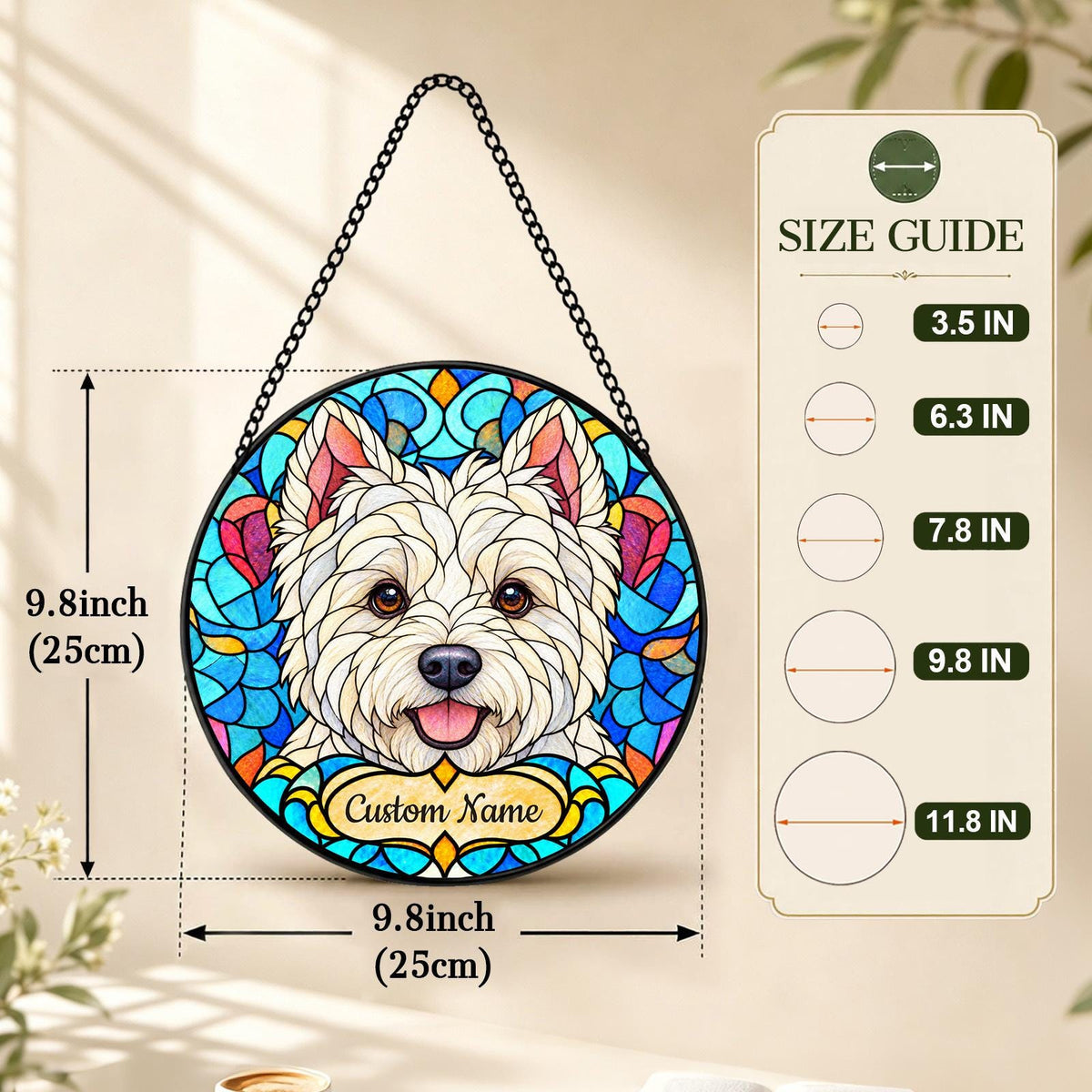 Personalized West Highland White Terrier Suncatcher, Custom Name, Floral Stained Glass Window Hanging