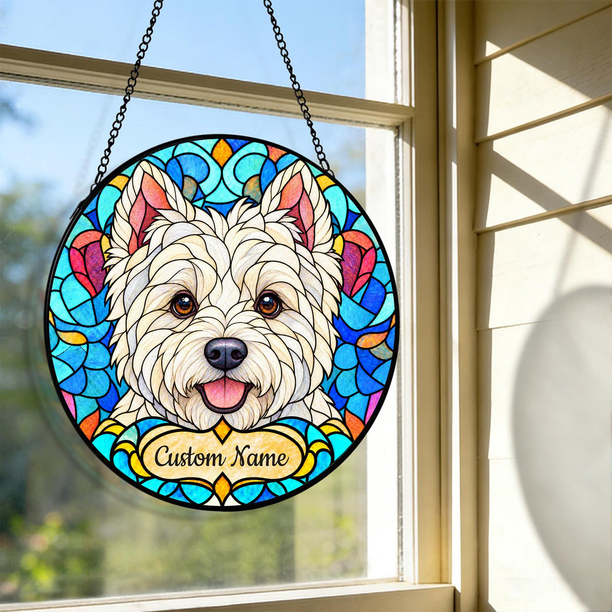 Personalized West Highland White Terrier Suncatcher, Custom Name, Floral Stained Glass Window Hanging