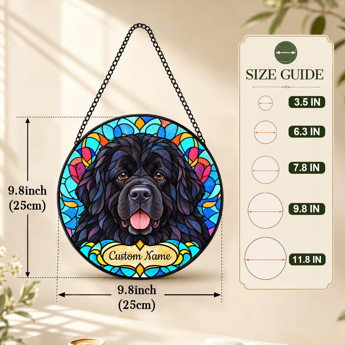 Personalized Newfoundland Dog Suncatcher, Custom Name, Floral Stained Glass Window Hanging