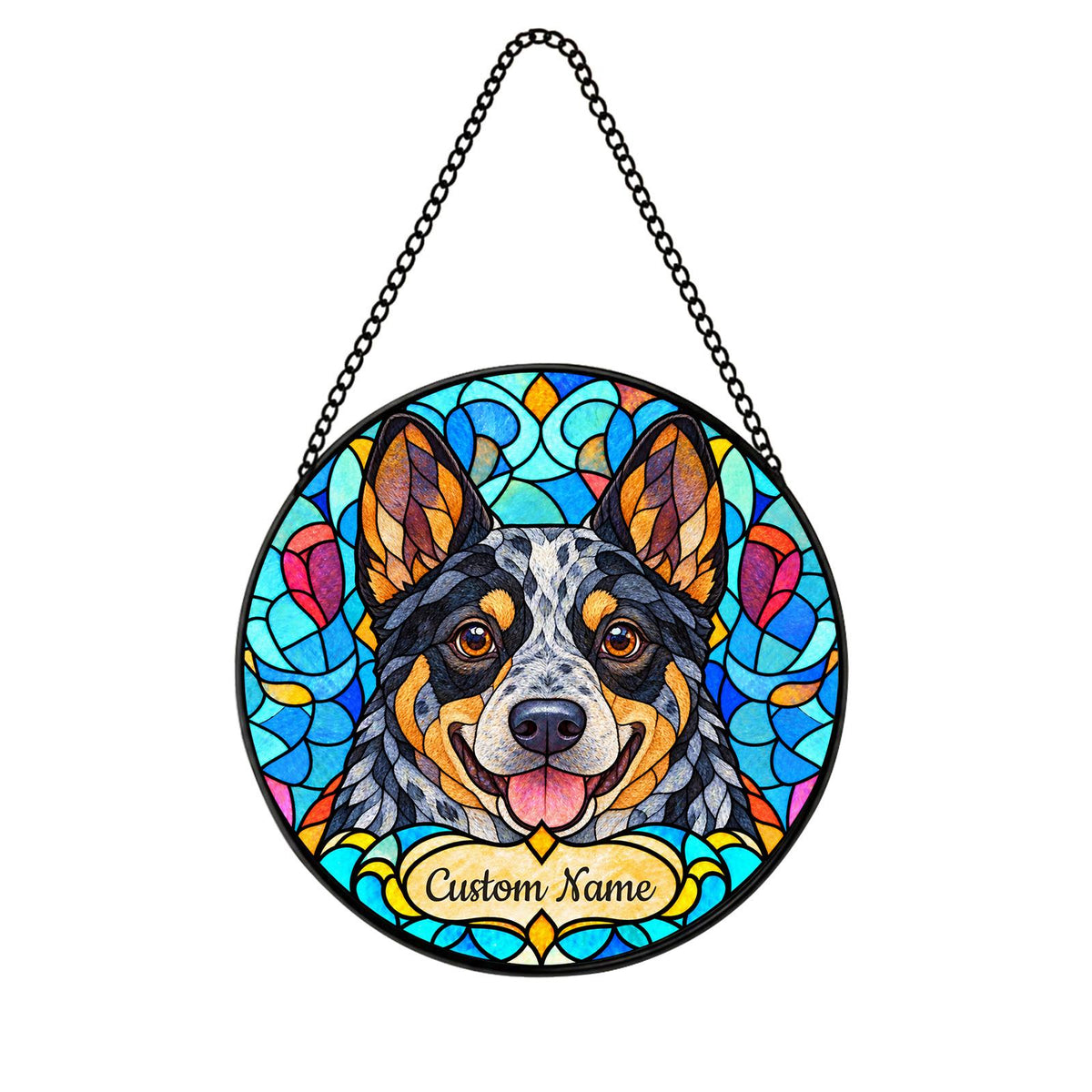 Personalized Australian Cattle Dog Suncatcher, Custom Name, Floral Stained Glass Window Hanging