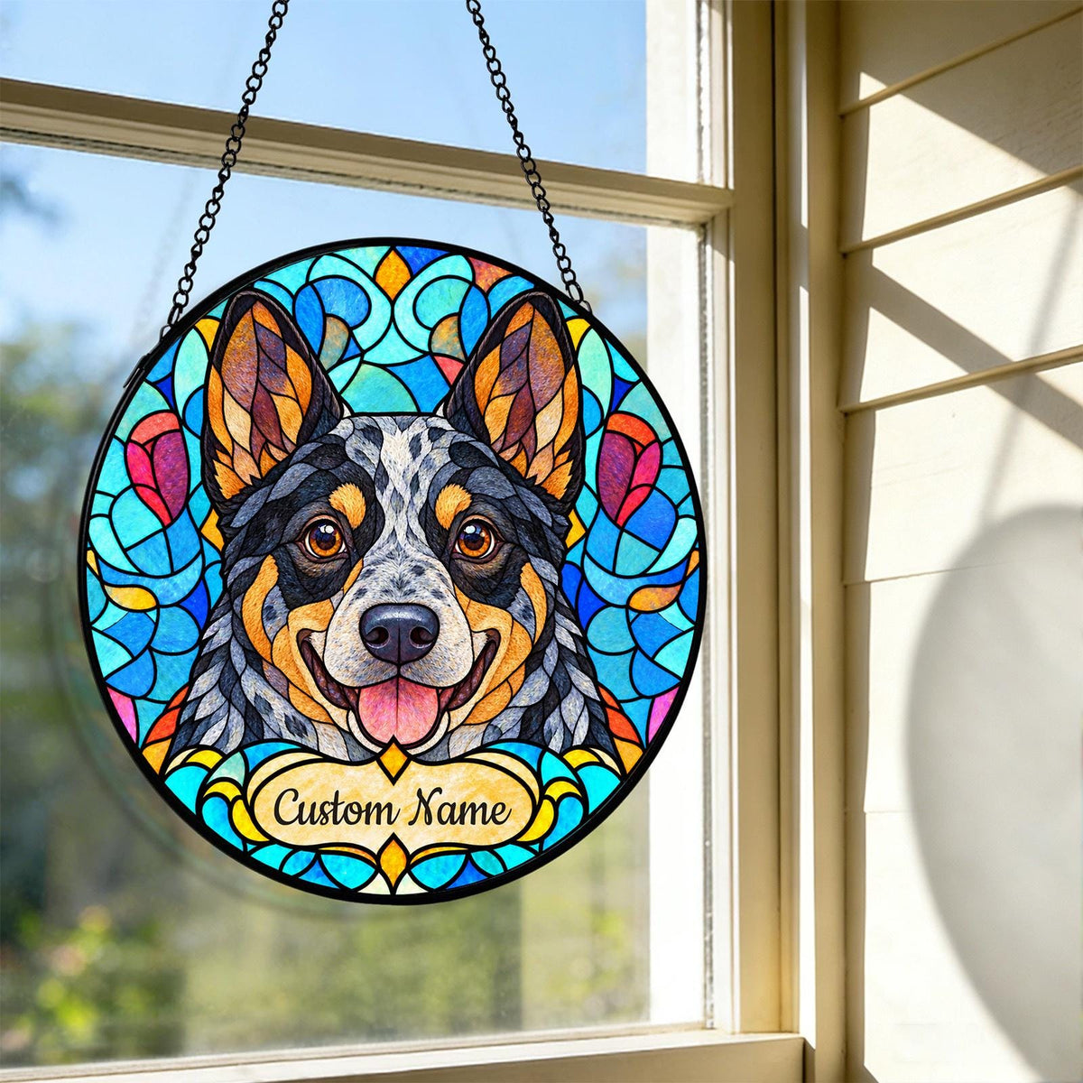 Personalized Australian Cattle Dog Suncatcher, Custom Name, Floral Stained Glass Window Hanging