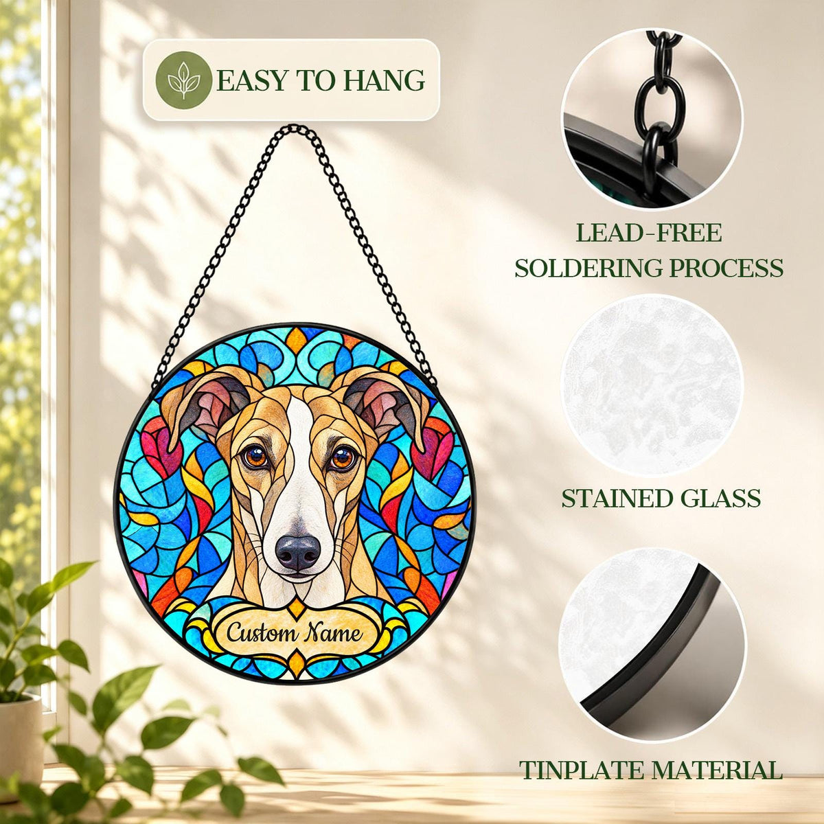 Personalized Whippet Dog Suncatcher, Custom Name, Floral Stained Glass Window Hanging