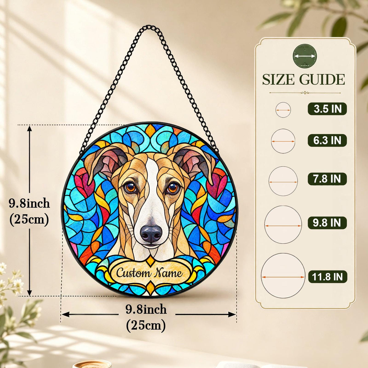 Personalized Whippet Dog Suncatcher, Custom Name, Floral Stained Glass Window Hanging