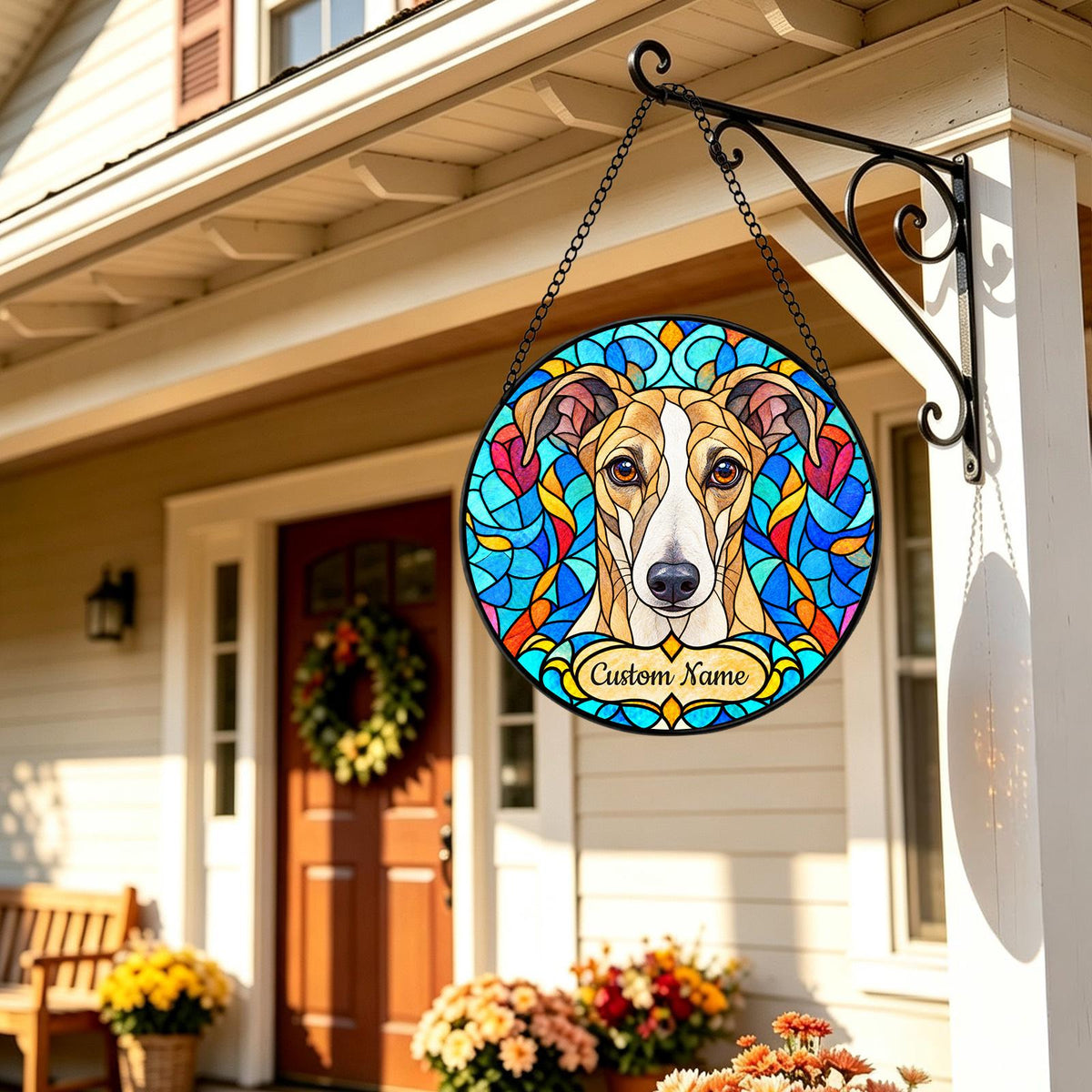 Personalized Whippet Dog Suncatcher, Custom Name, Floral Stained Glass Window Hanging