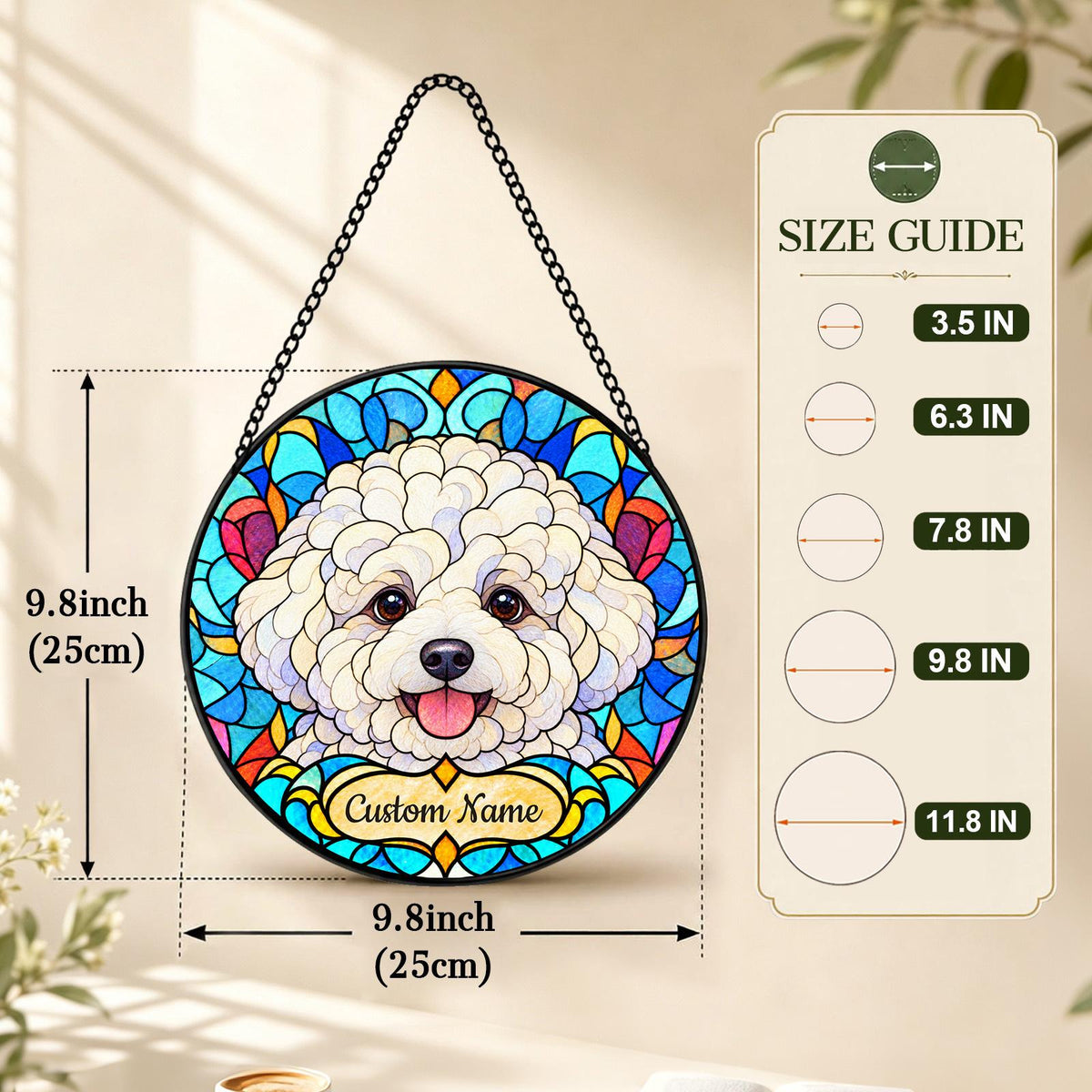 Personalized Bichon Frise Suncatcher, Custom Name, Floral Stained Glass Window Hanging