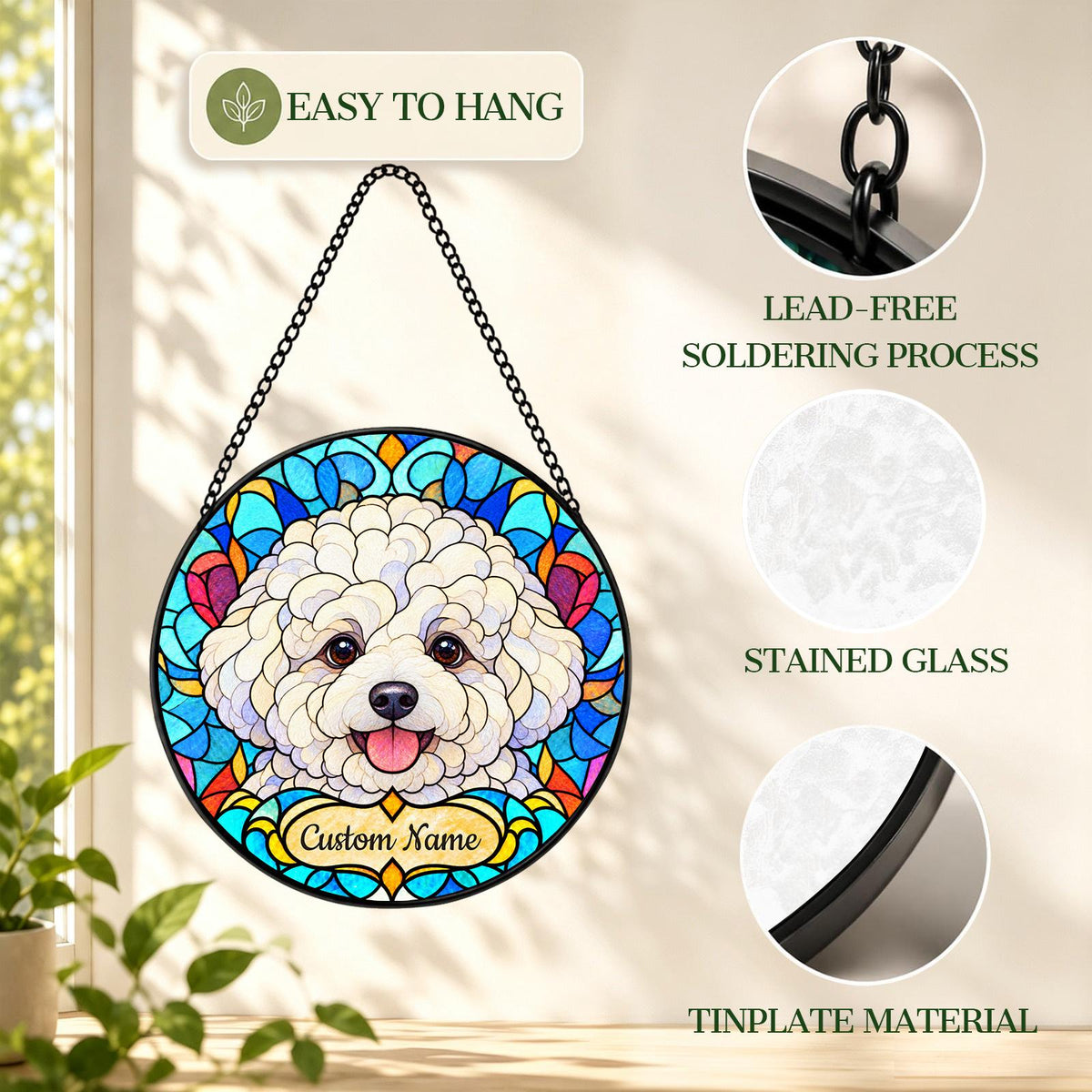 Personalized Bichon Frise Suncatcher, Custom Name, Floral Stained Glass Window Hanging
