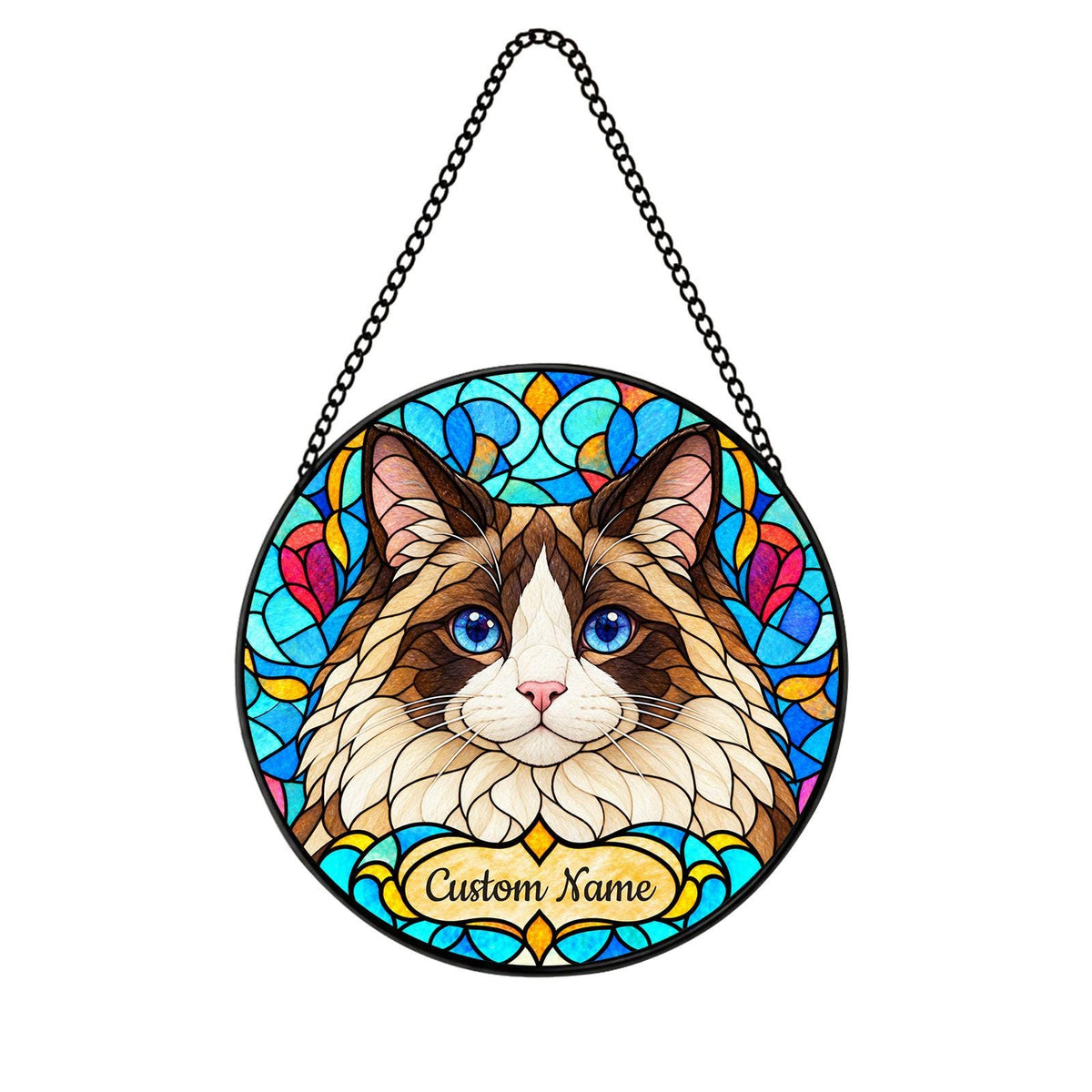 Personalized Ragdoll Suncatcher, Custom Name, Floral Stained Glass Window Hanging
