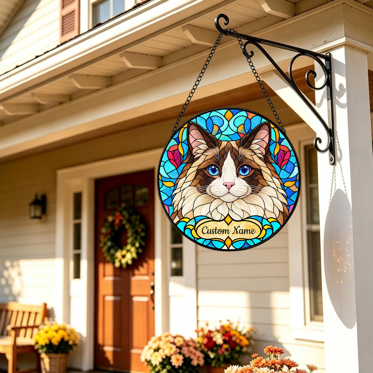 Personalized Ragdoll Suncatcher, Custom Name, Floral Stained Glass Window Hanging