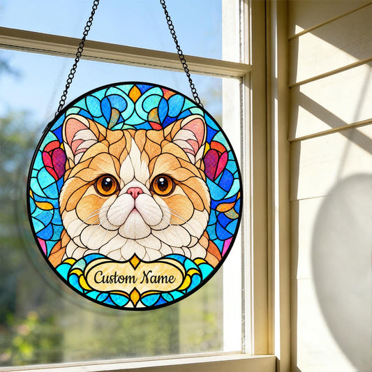 Personalized Exotic Shorthair Cat Suncatcher, Custom Name, Floral Stained Glass Window Hanging