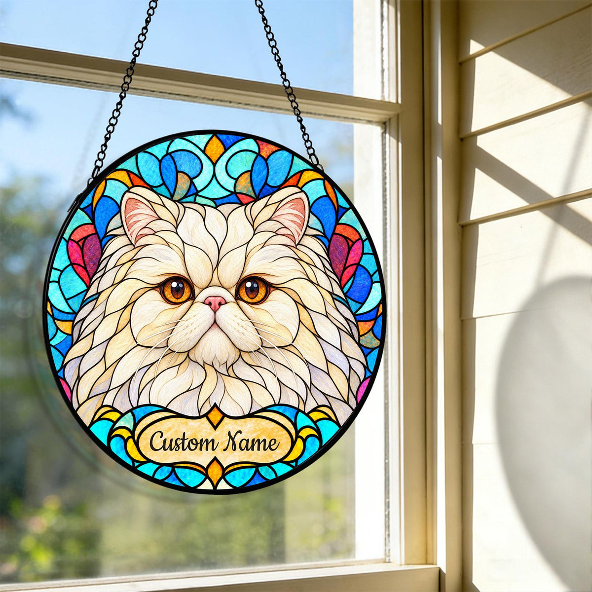 Personalized Persian Cat Suncatcher, Custom Name, Floral Stained Glass Window Hanging
