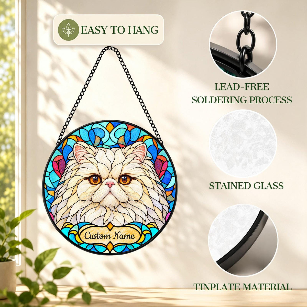 Personalized Persian Cat Suncatcher, Custom Name, Floral Stained Glass Window Hanging