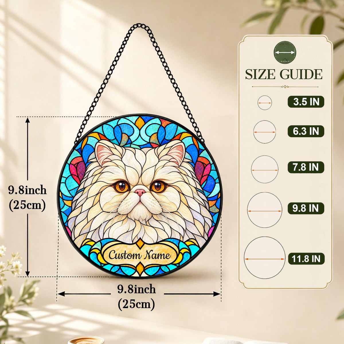 Personalized Persian Cat Suncatcher, Custom Name, Floral Stained Glass Window Hanging