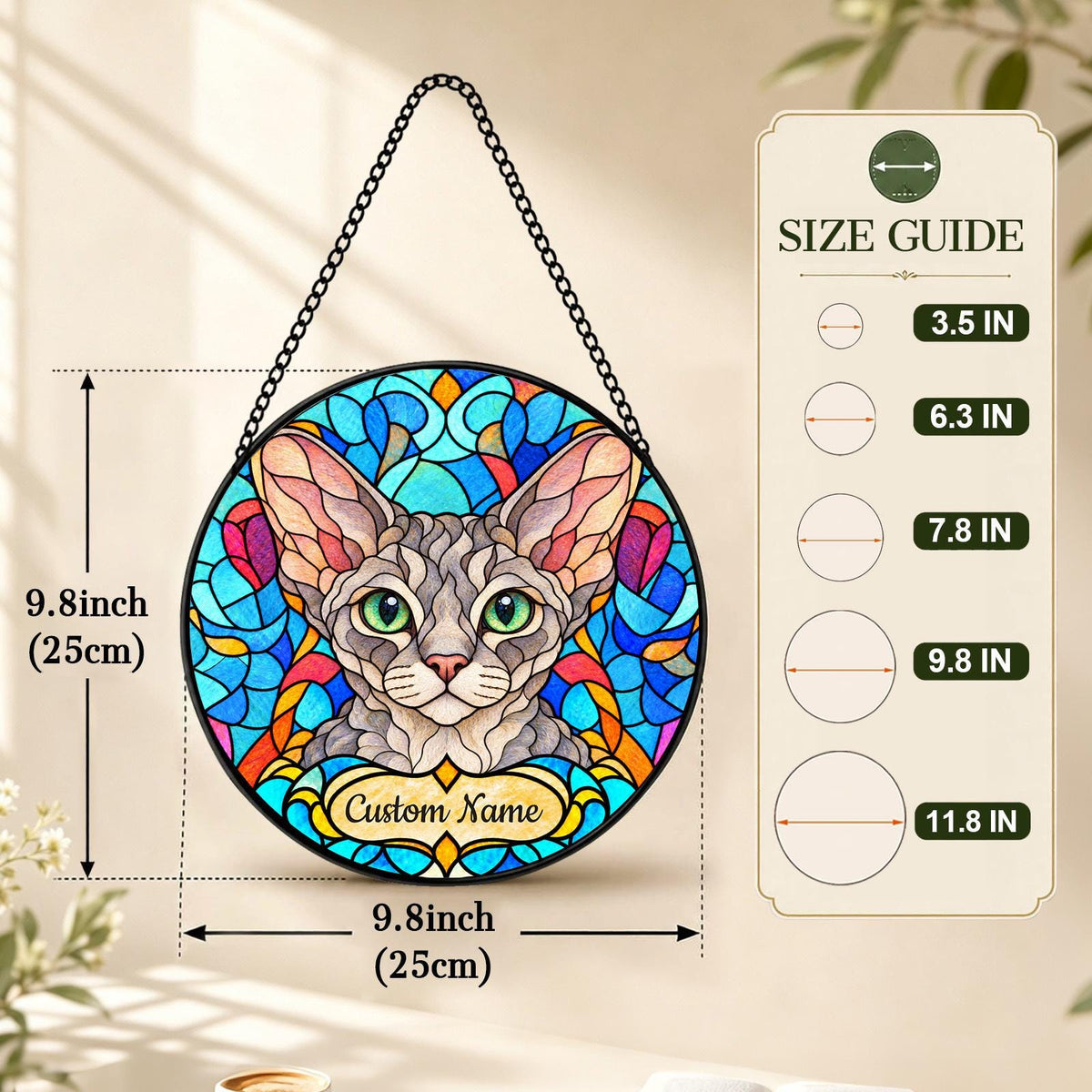 Personalized Devon Rex Suncatcher, Custom Name, Floral Stained Glass Window Hanging