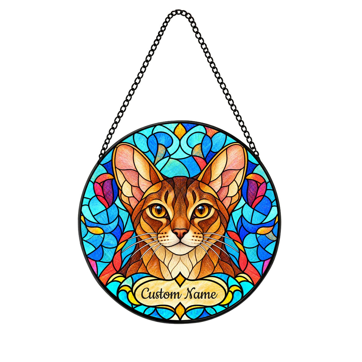 Personalized Abyssinian Cat Suncatcher, Custom Name, Floral Stained Glass Window Hanging