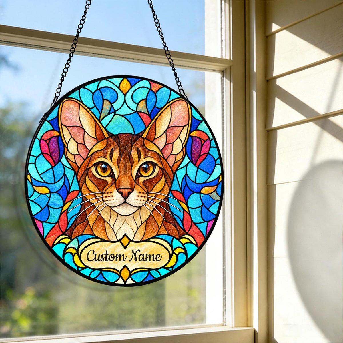 Personalized Abyssinian Cat Suncatcher, Custom Name, Floral Stained Glass Window Hanging