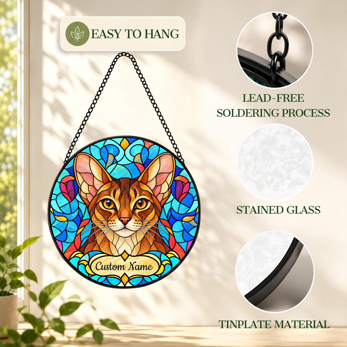 Personalized Abyssinian Cat Suncatcher, Custom Name, Floral Stained Glass Window Hanging