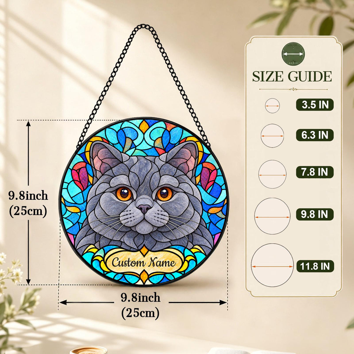 Personalized British Shorthair Suncatcher, Custom Name, Floral Stained Glass Window Hanging