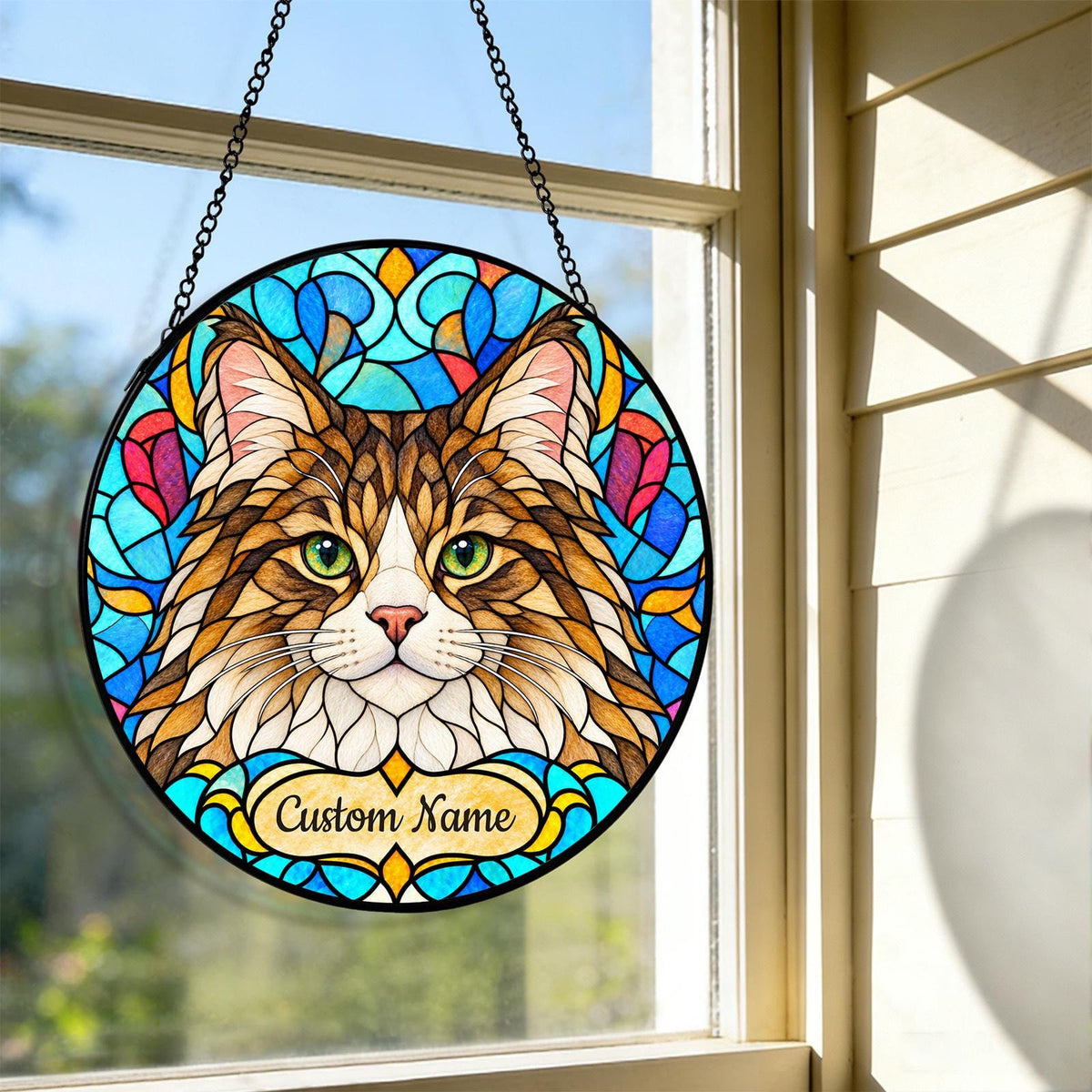 Personalized Siberian Cat Suncatcher, Custom Name, Floral Stained Glass Window Hanging