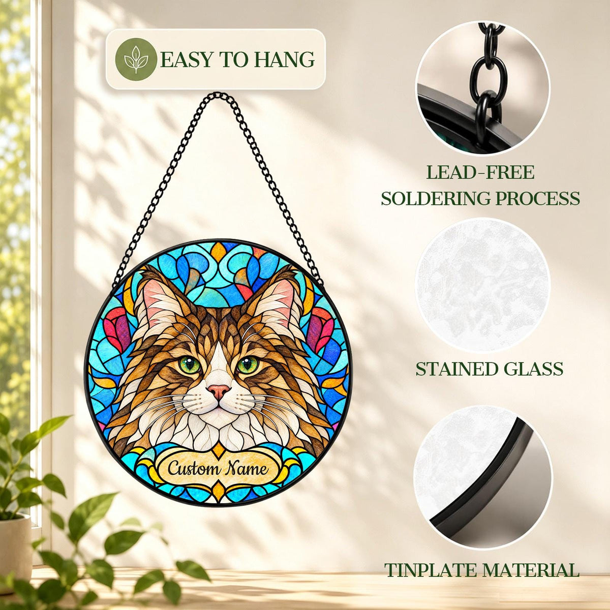 Personalized Siberian Cat Suncatcher, Custom Name, Floral Stained Glass Window Hanging