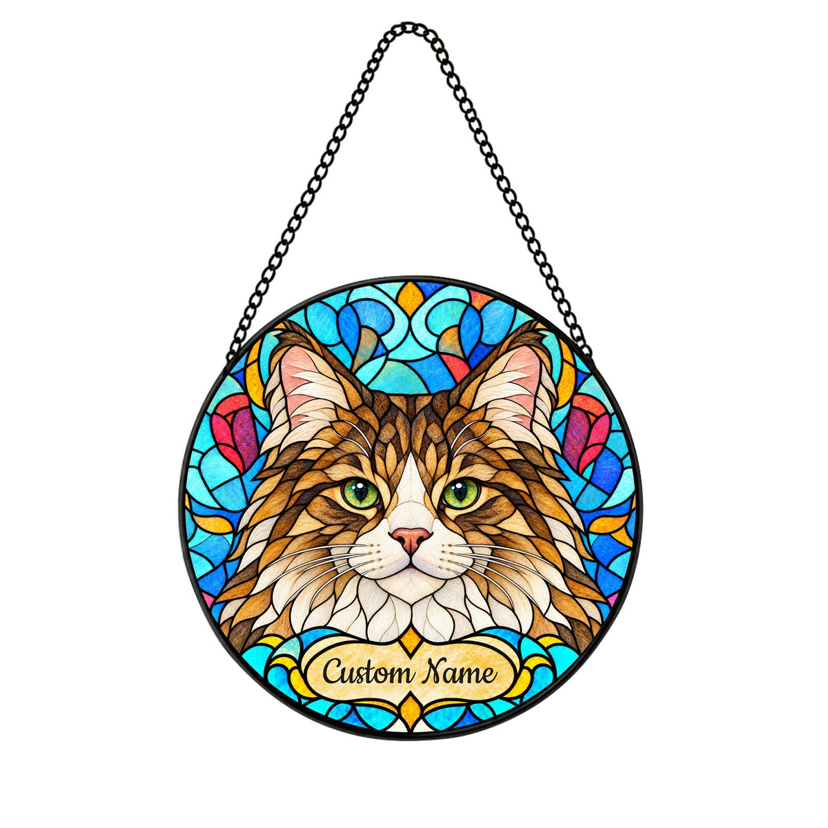 Personalized Siberian Cat Suncatcher, Custom Name, Floral Stained Glass Window Hanging