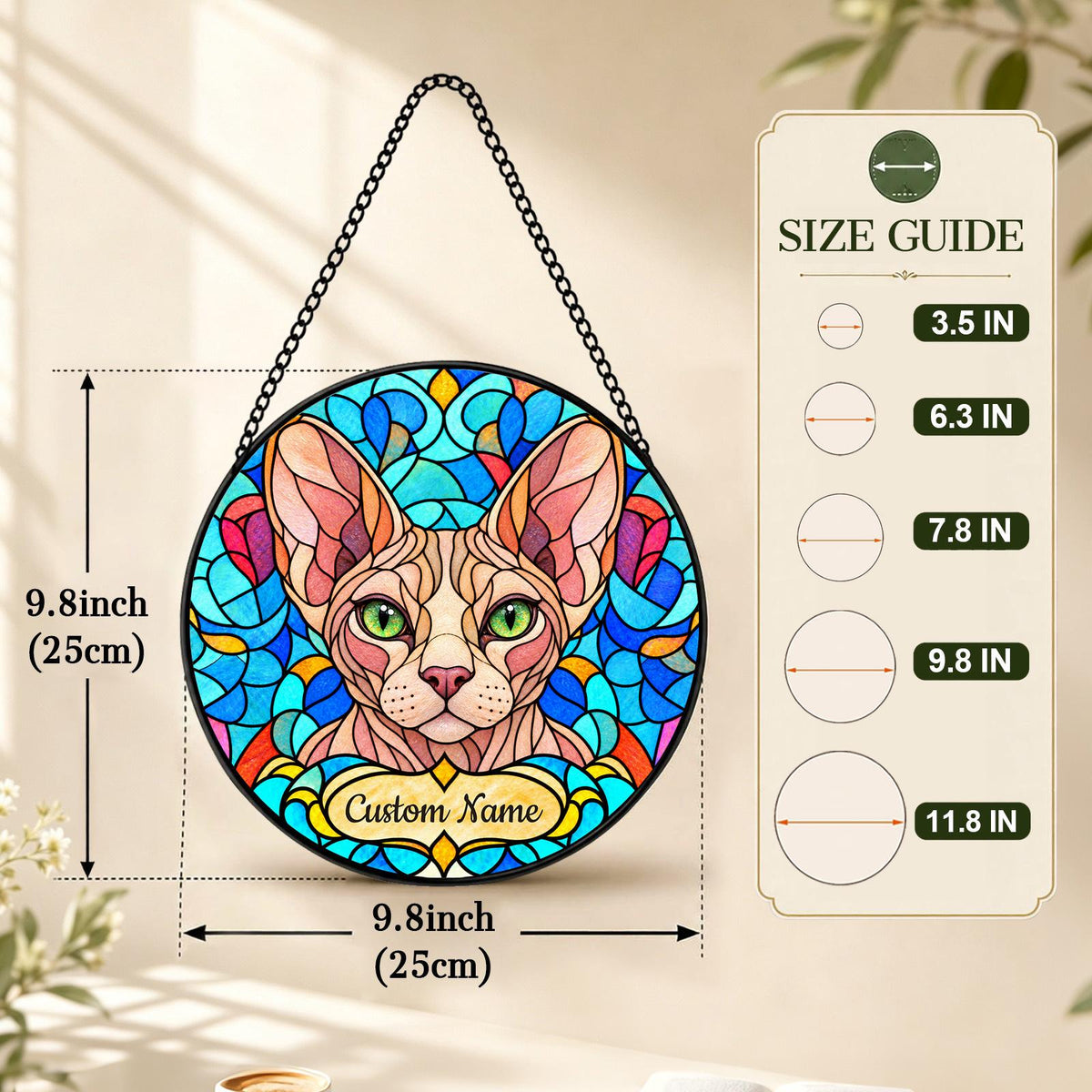 Personalized Sphynx Cat Suncatcher, Custom Name, Floral Stained Glass Window Hanging