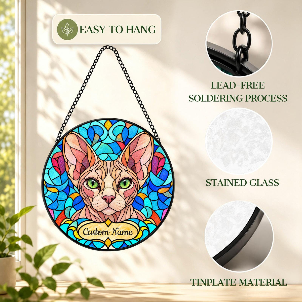 Personalized Sphynx Cat Suncatcher, Custom Name, Floral Stained Glass Window Hanging