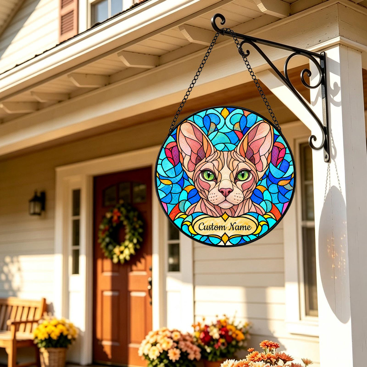 Personalized Sphynx Cat Suncatcher, Custom Name, Floral Stained Glass Window Hanging