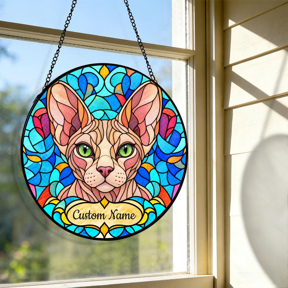 Personalized Sphynx Cat Suncatcher, Custom Name, Floral Stained Glass Window Hanging