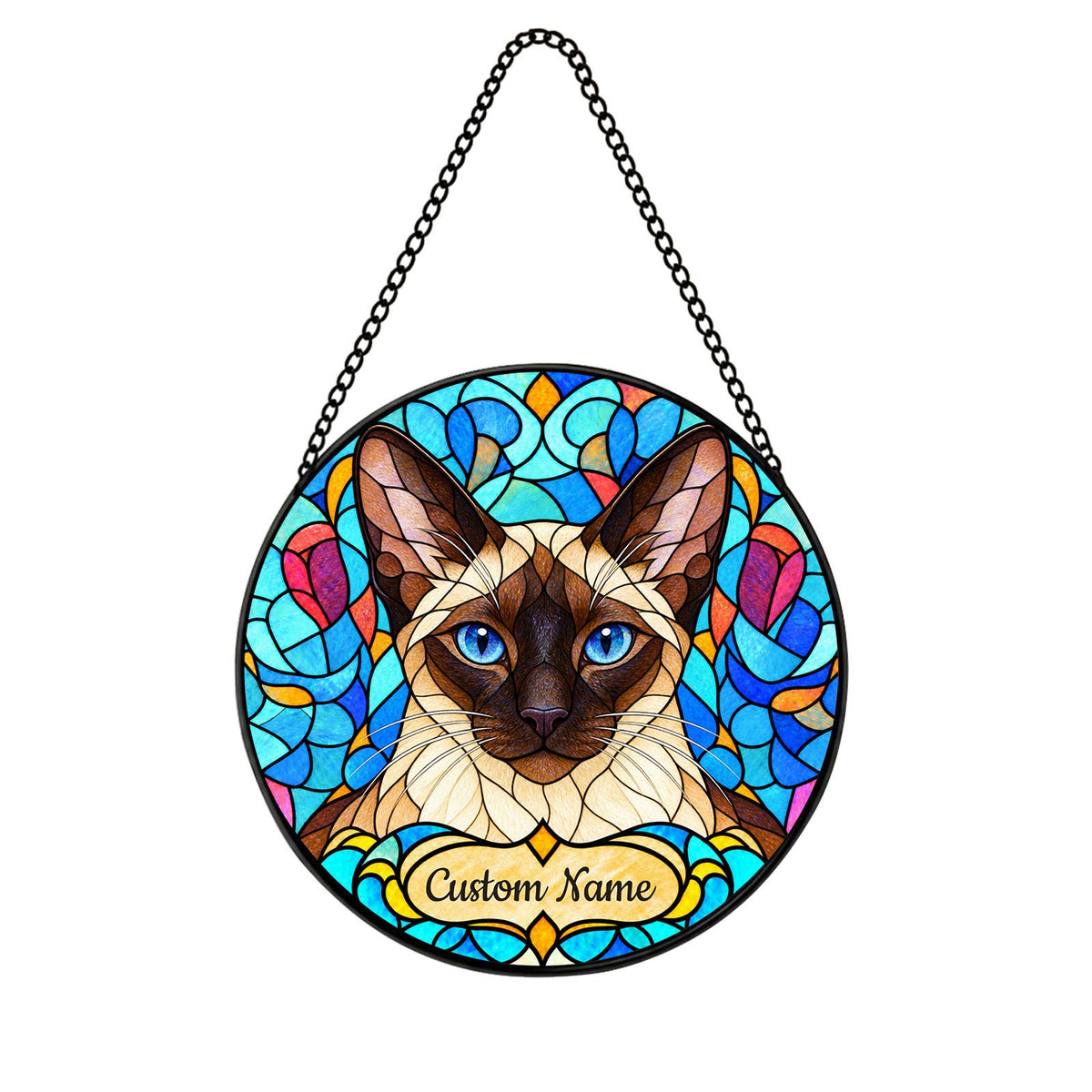 Personalized Siamese Cat Suncatcher, Custom Name, Floral Stained Glass Window Hanging
