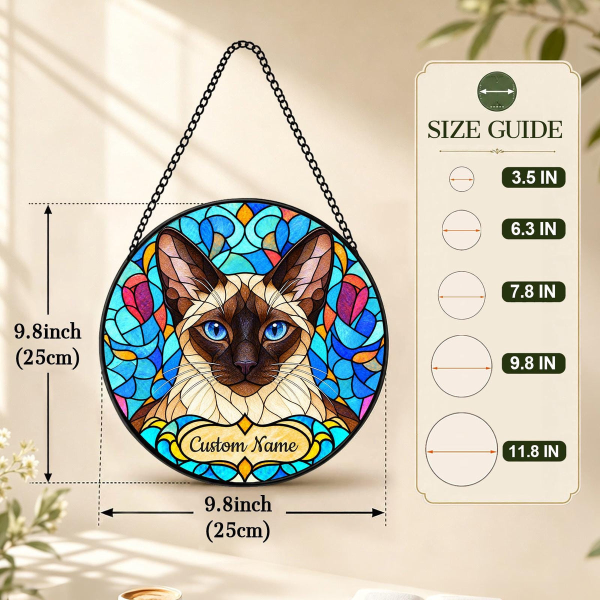 Personalized Siamese Cat Suncatcher, Custom Name, Floral Stained Glass Window Hanging