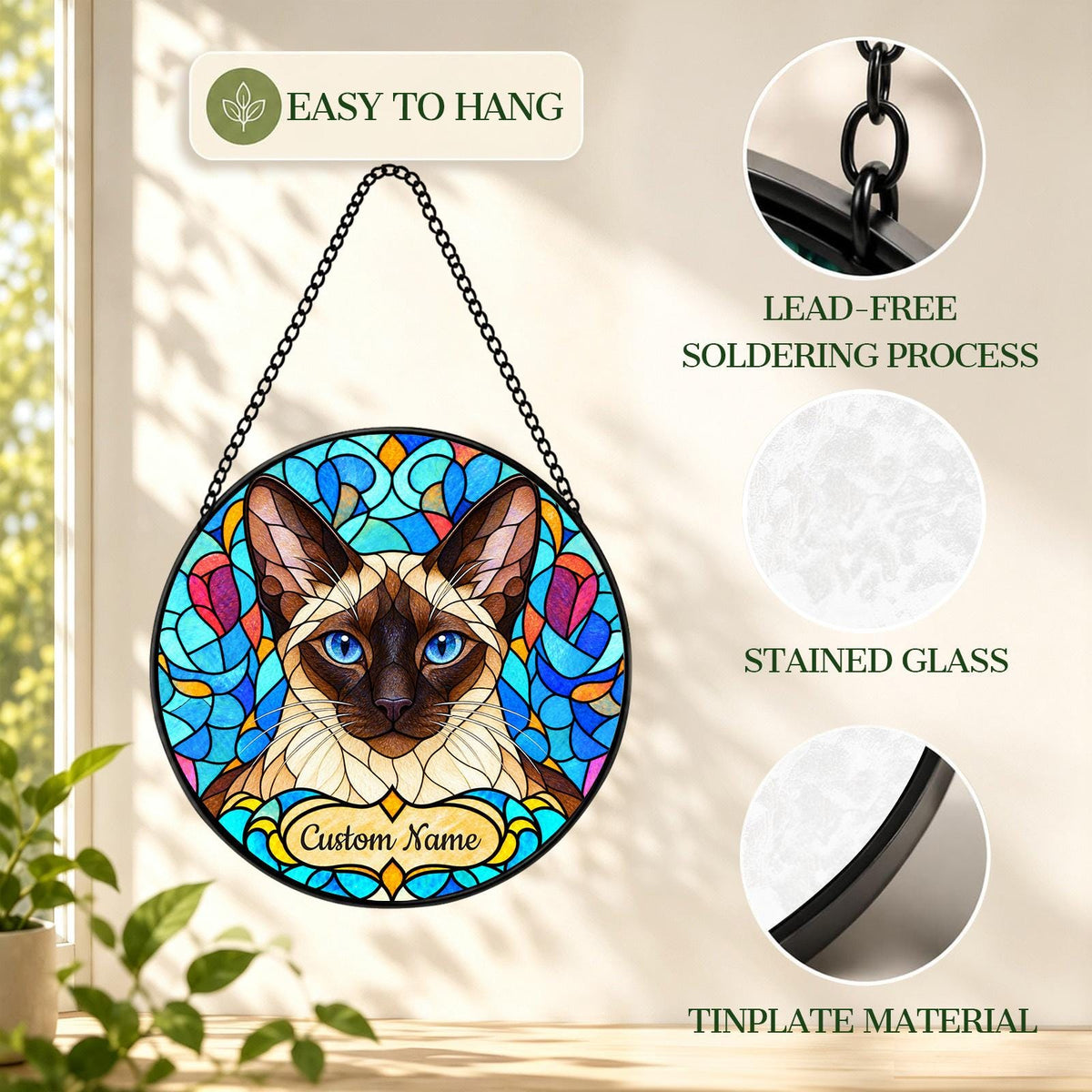 Personalized Siamese Cat Suncatcher, Custom Name, Floral Stained Glass Window Hanging