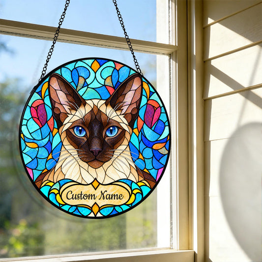 Personalized Siamese Cat Suncatcher, Custom Name, Floral Stained Glass Window Hanging