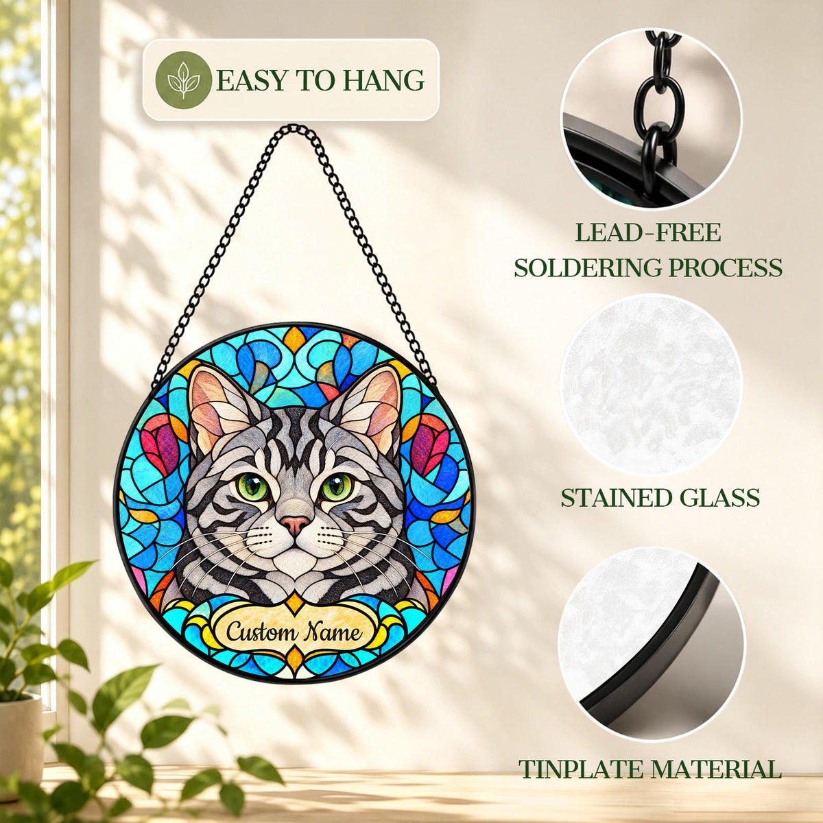 Personalized American Shorthair Cat Suncatcher, Custom Name, Floral Stained Glass Window Hanging