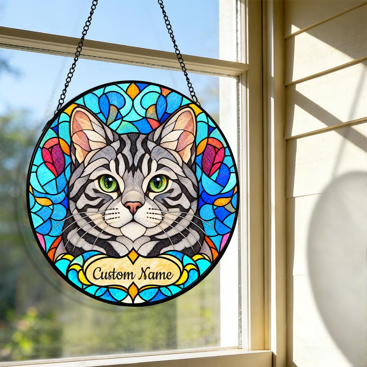 Personalized American Shorthair Cat Suncatcher, Custom Name, Floral Stained Glass Window Hanging