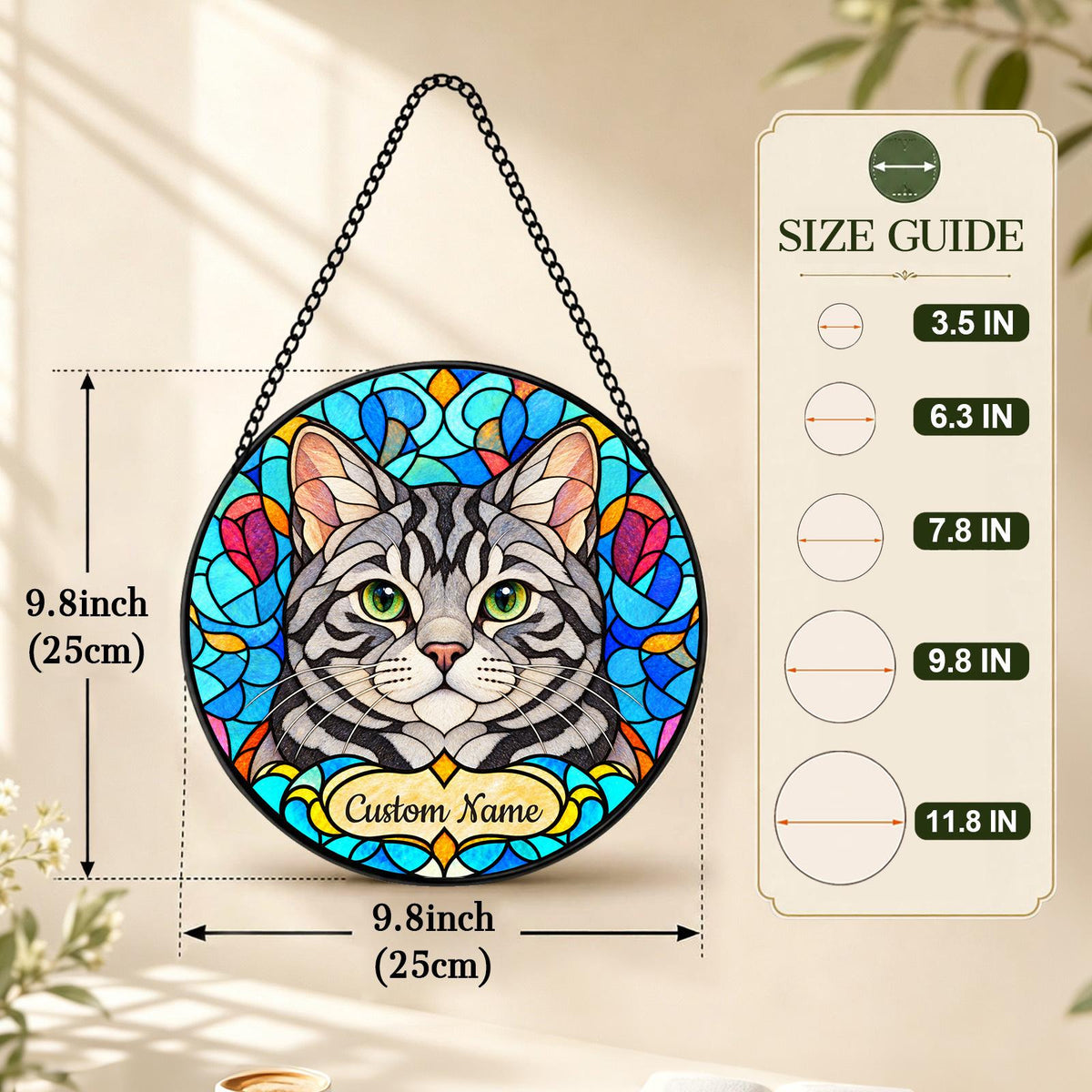 Personalized American Shorthair Cat Suncatcher, Custom Name, Floral Stained Glass Window Hanging