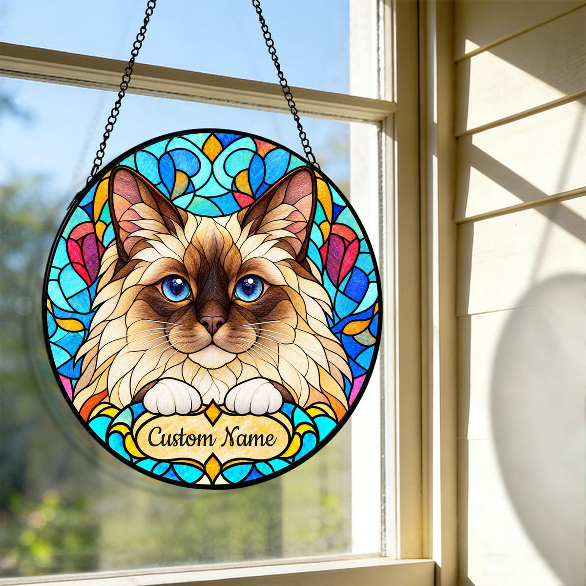 Personalized Birman Cat Suncatcher, Custom Name, Floral Stained Glass Window Hanging