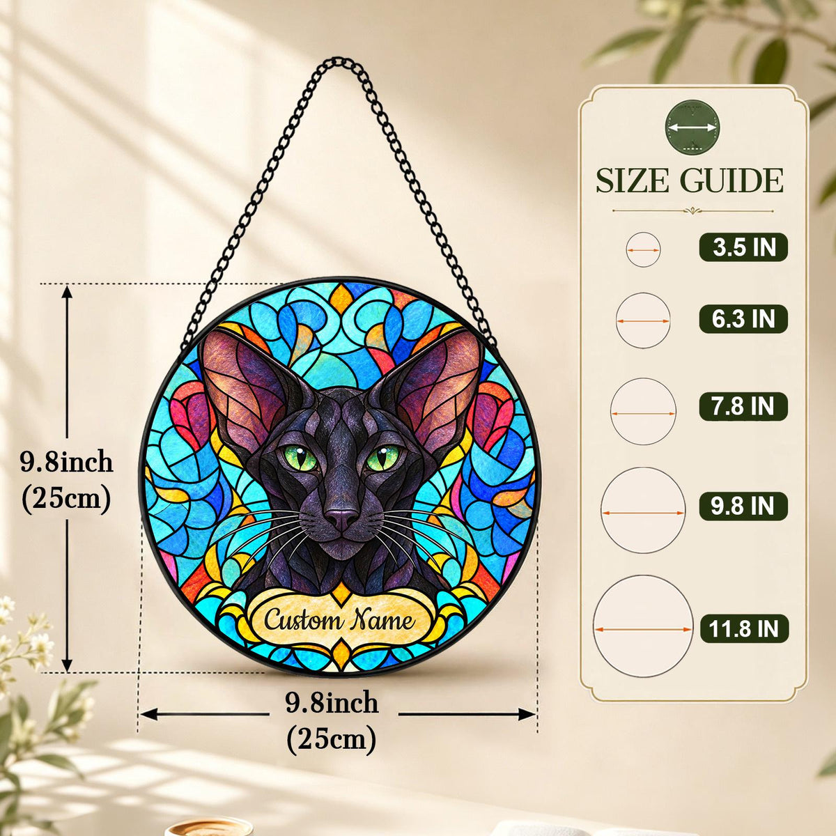 Personalized Oriental Cat Suncatcher, Custom Name, Floral Stained Glass Window Hanging