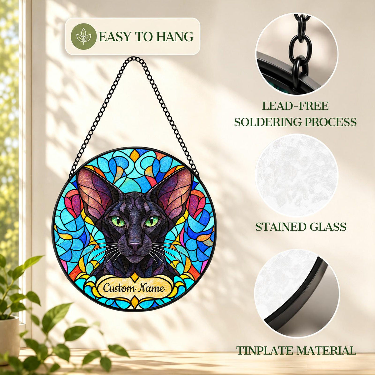Personalized Oriental Cat Suncatcher, Custom Name, Floral Stained Glass Window Hanging