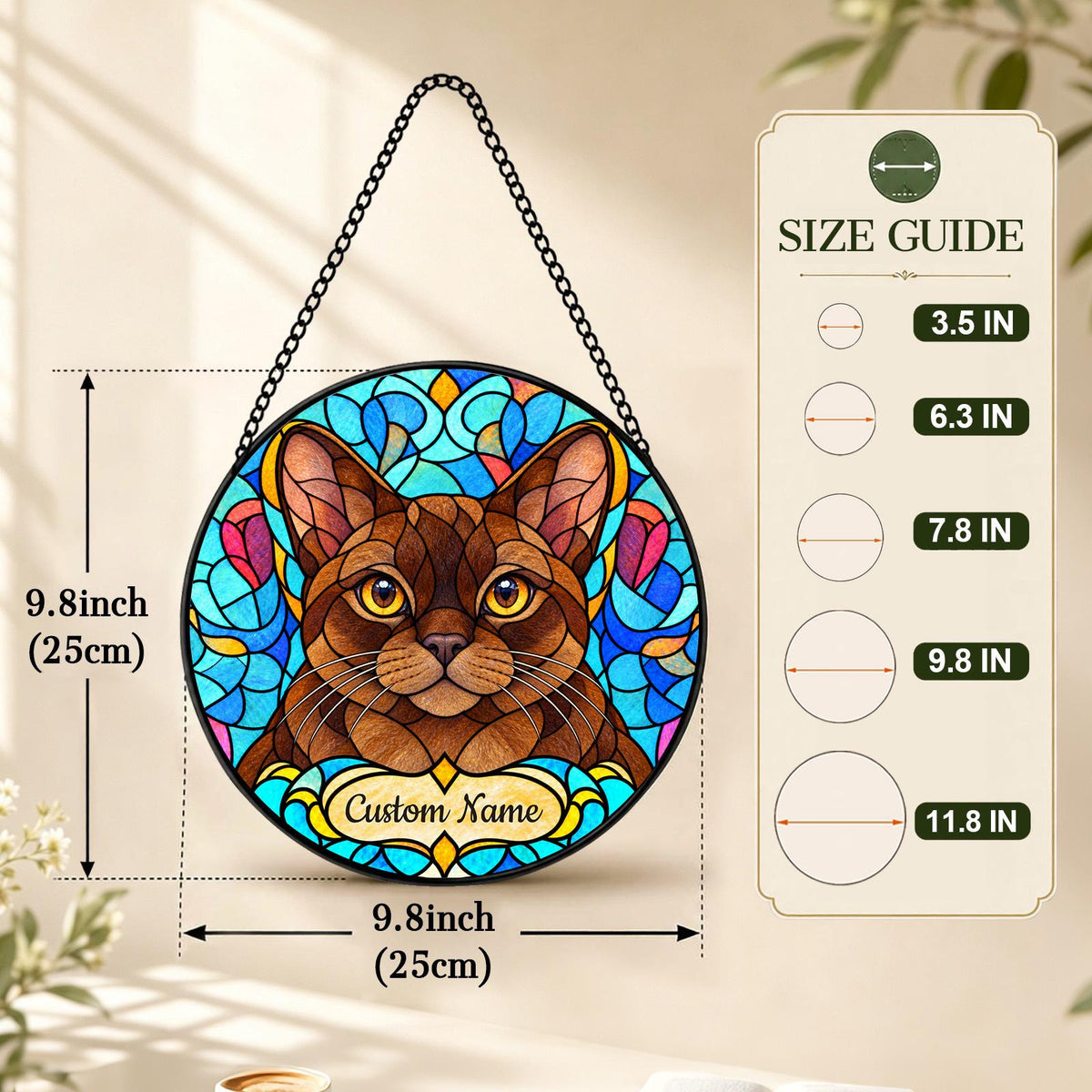 Personalized Burmese Cat Suncatcher, Custom Name, Floral Stained Glass Window Hanging