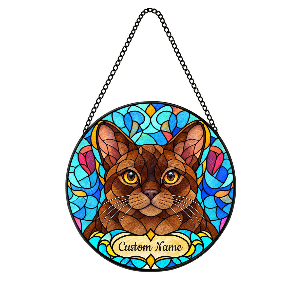 Personalized Burmese Cat Suncatcher, Custom Name, Floral Stained Glass Window Hanging