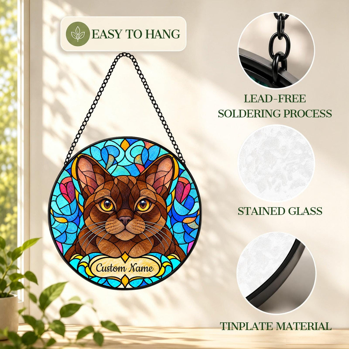Personalized Burmese Cat Suncatcher, Custom Name, Floral Stained Glass Window Hanging