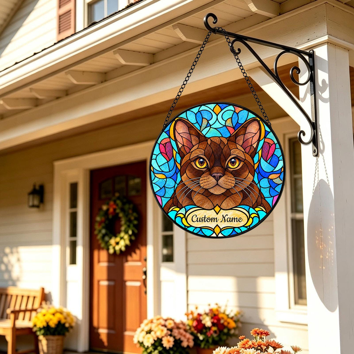 Personalized Burmese Cat Suncatcher, Custom Name, Floral Stained Glass Window Hanging